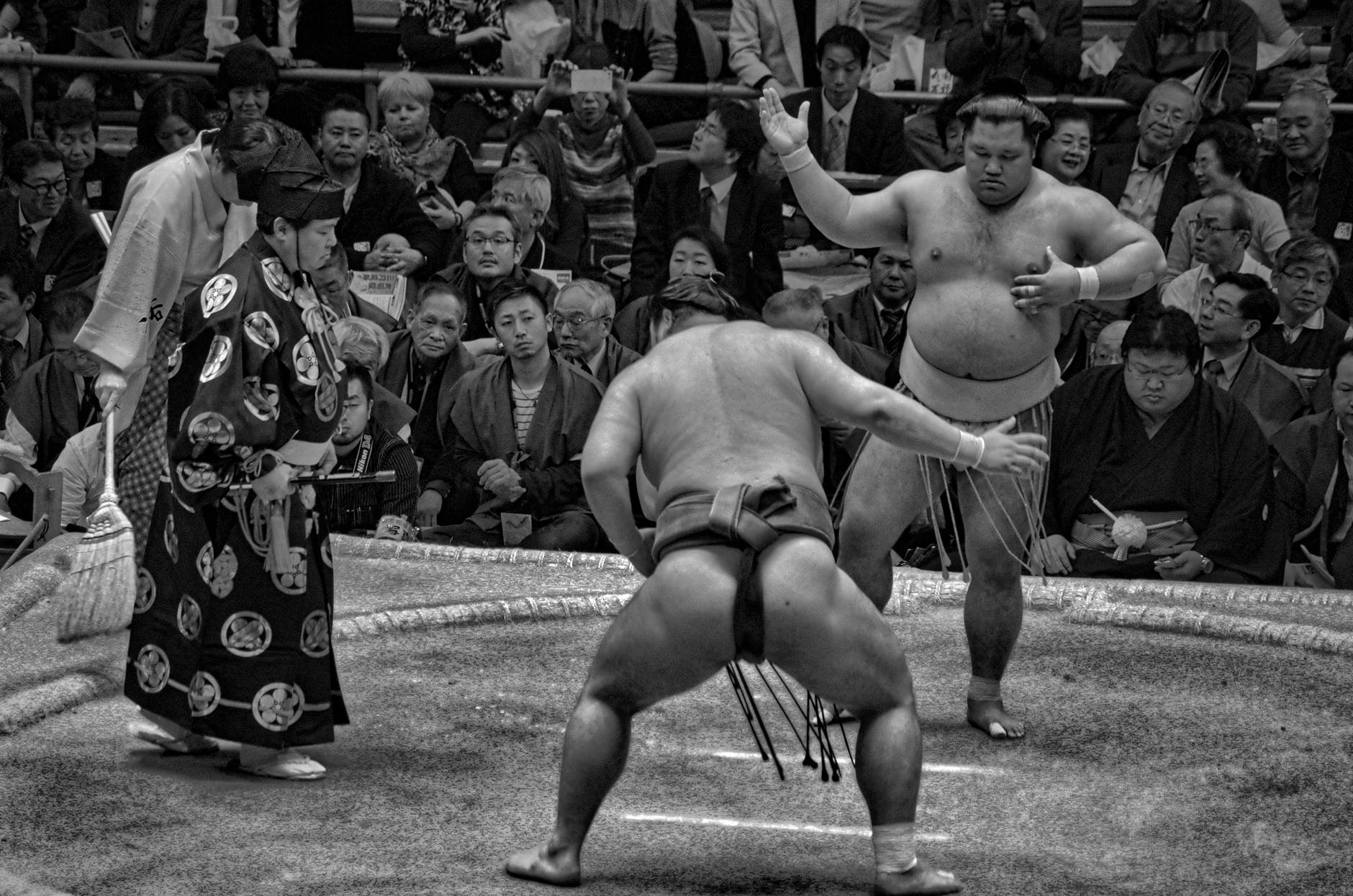 grayscale photo of a sumo wrestling match